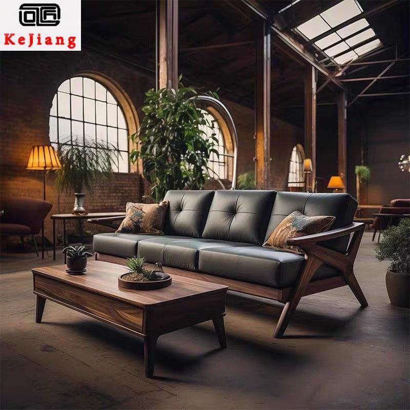 新中式客厅简约现代实木沙发黑胡桃木大小户型北欧风直排真皮沙发