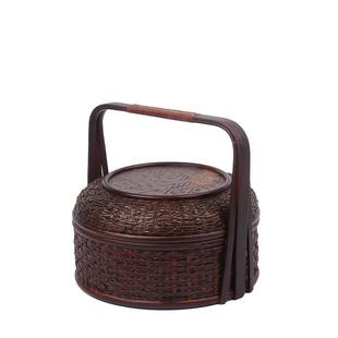 9WOR复古竹编食盒中式 提篮竹编漆器食盒提盒果篮收纳篮送饭篮茶点