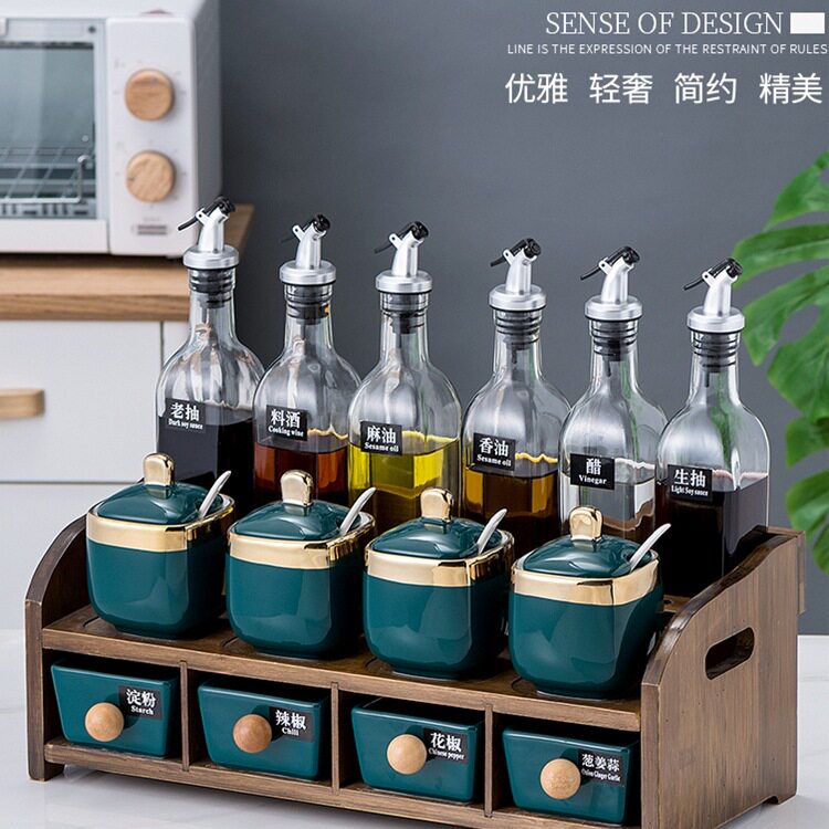 批发木架玻璃油壶酱油瓶调味罐收纳厨房置物架北欧轻奢调料盒组合