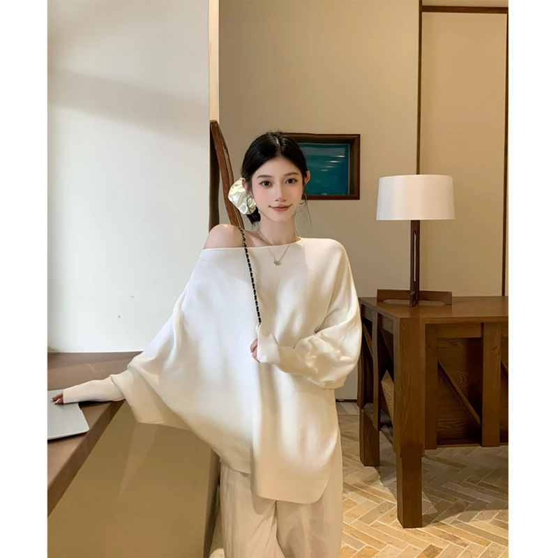 潮流新款安迪绒长袖毛衣女装秋冬2025新款纯色斜领保暖针织衫上衣