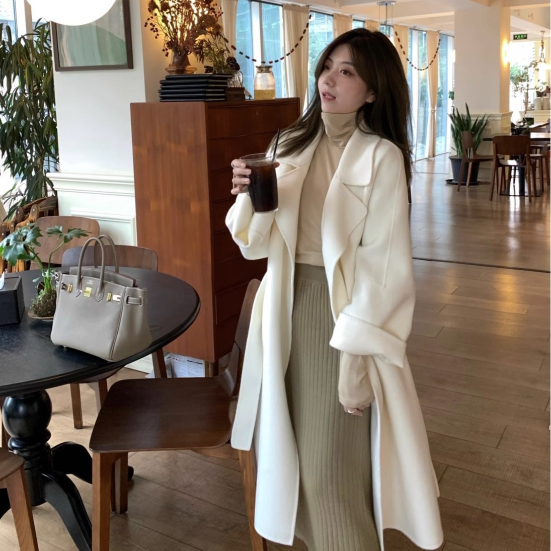 米白色双面羊绒大衣女秋冬2025新款冬季高级感中长款韩版毛呢外套