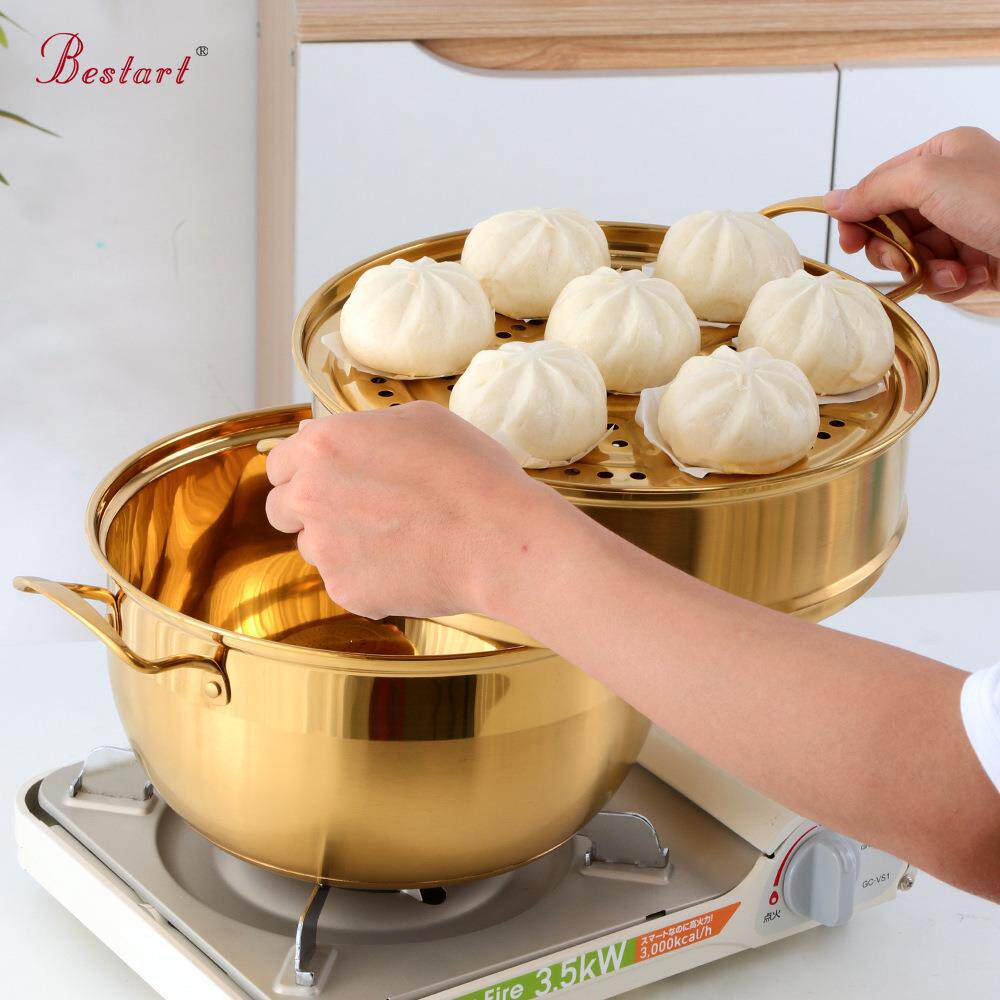 不锈钢蒸锅新款彩色镀钛三层一体蒸煮锅大容量双耳蒸锅