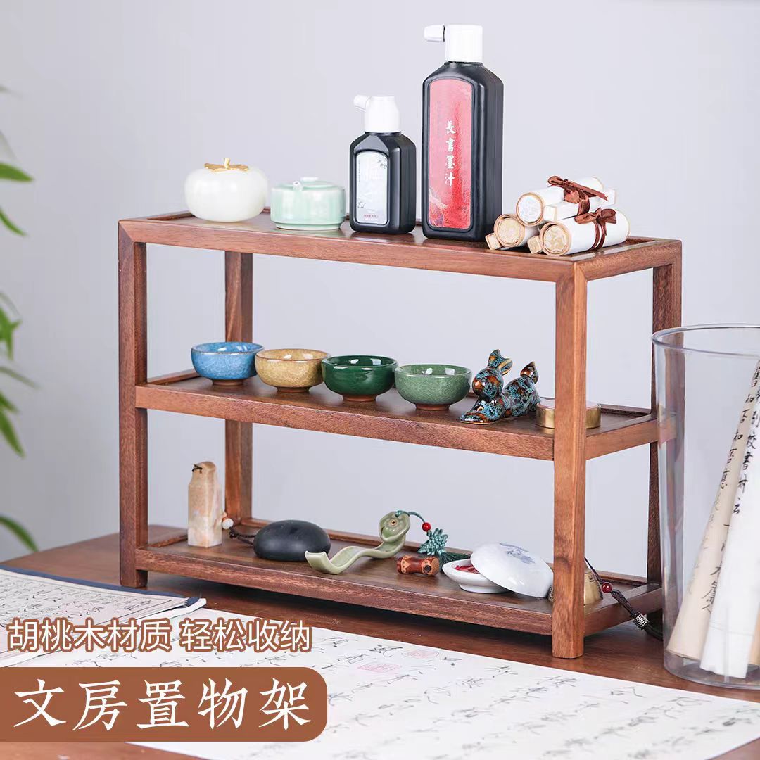 胡桃木茶具收纳架实木三层置物架桌面客厅装饰博古架茶壶摆件批发