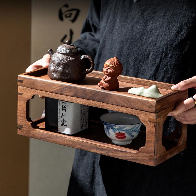 桌面置物架收纳架北美黑胡桃带抽屉普洱茶饼中式复古茶盘茶台托盘