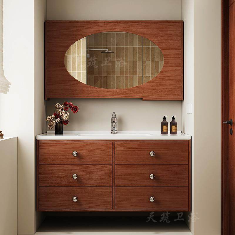 复古法式中古风橡木浴室柜组合陶瓷一体洗手池卫生间洗漱台盆