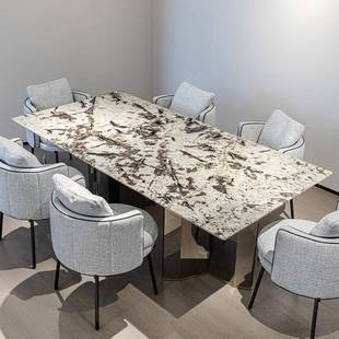 雪山飞狐天然大理石长方形客厅家用镜面不锈钢轻奢意式奢石餐桌子