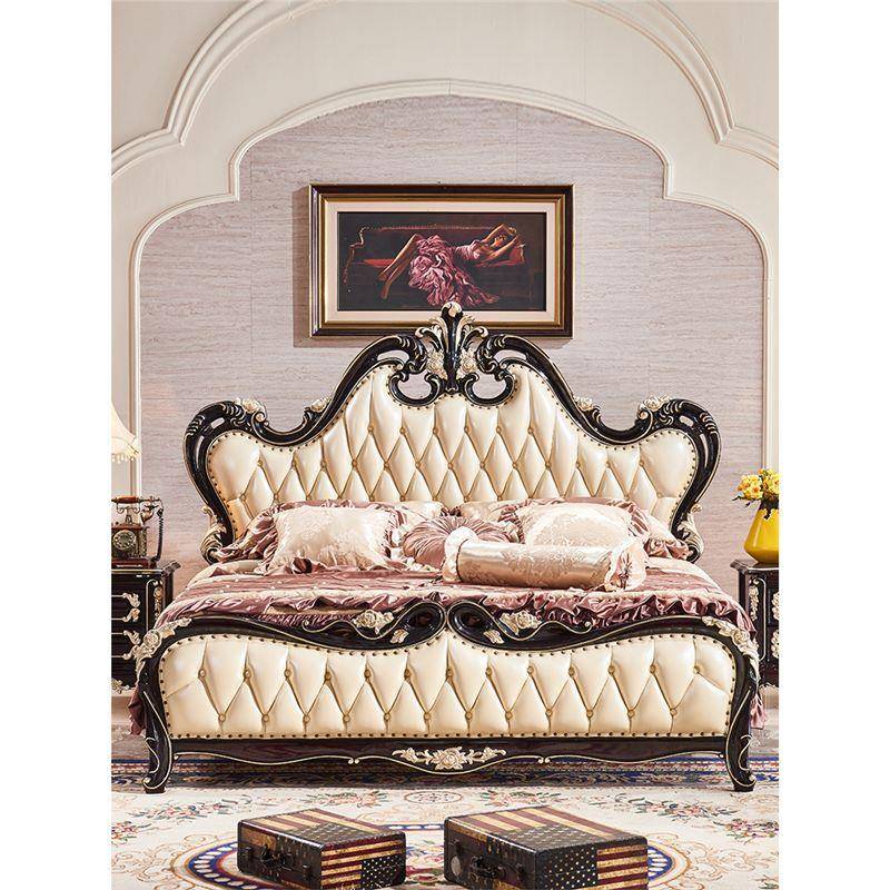 实木床欧式真皮1.8米双人床1.5米公主床卧室2.0米婚床黑檀色家具