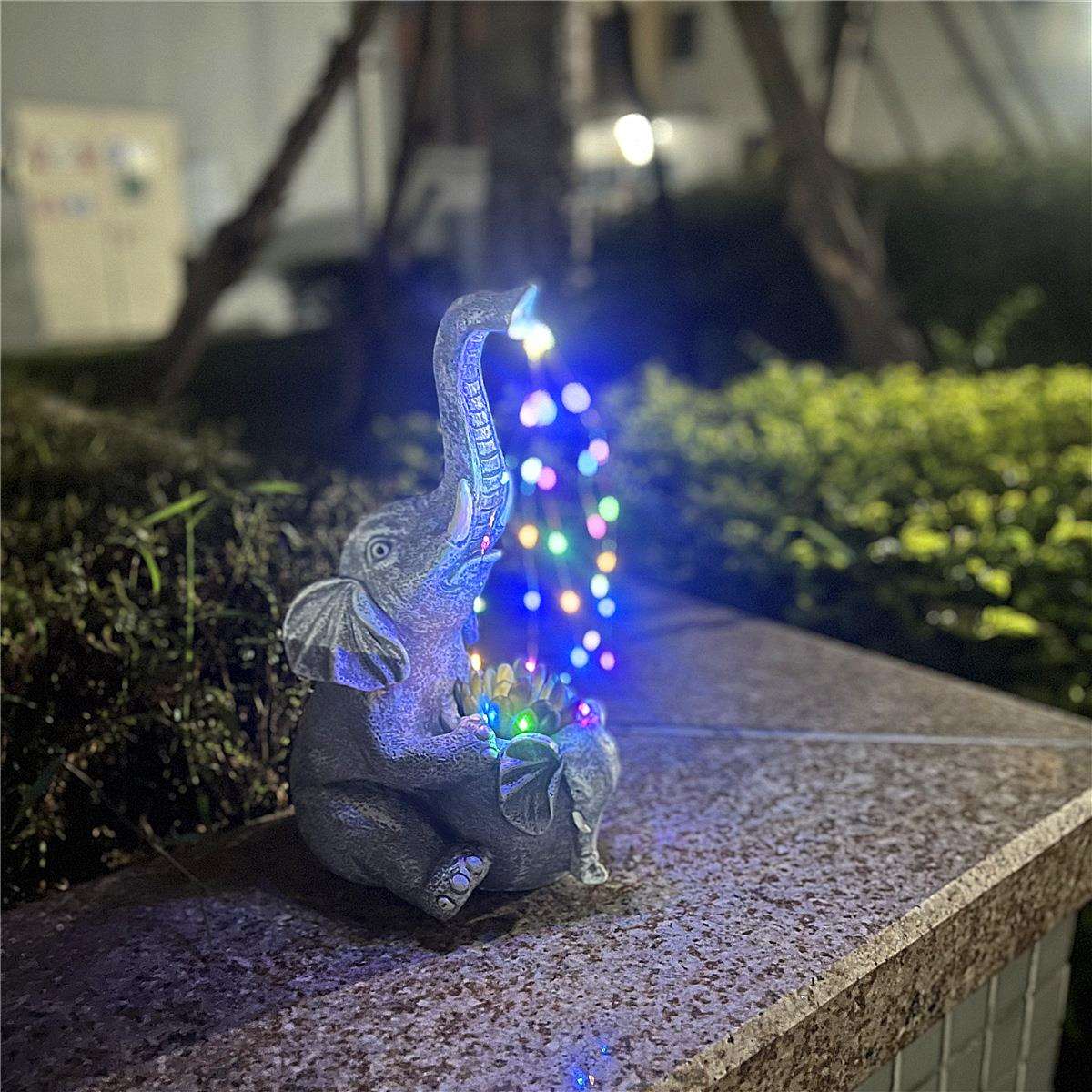 跨境亲子大象花盆四彩灯母子象花卉装饰灯带太阳能灯四色彩灯树脂