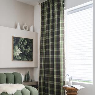 乐轩新品圣红绿格子帘成秀品复古小窗12厨房窗帘诞半遮光飘窗