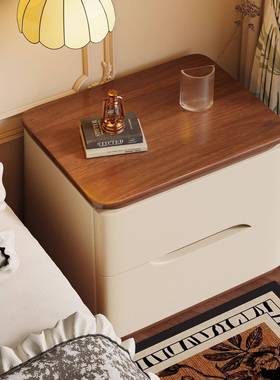 奶油风实木床头柜约窄柜2边25简现代家用新款轻0奢卧室收纳储HRH