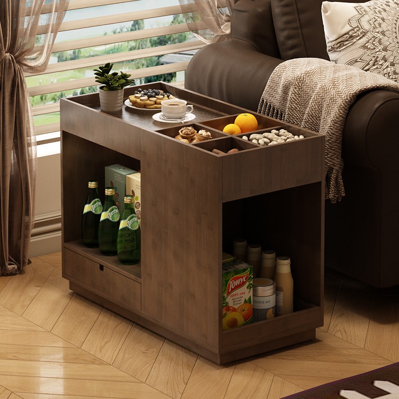 新中式小推车客厅置物架落u地可移动带轮零食收纳架简易竹木储物