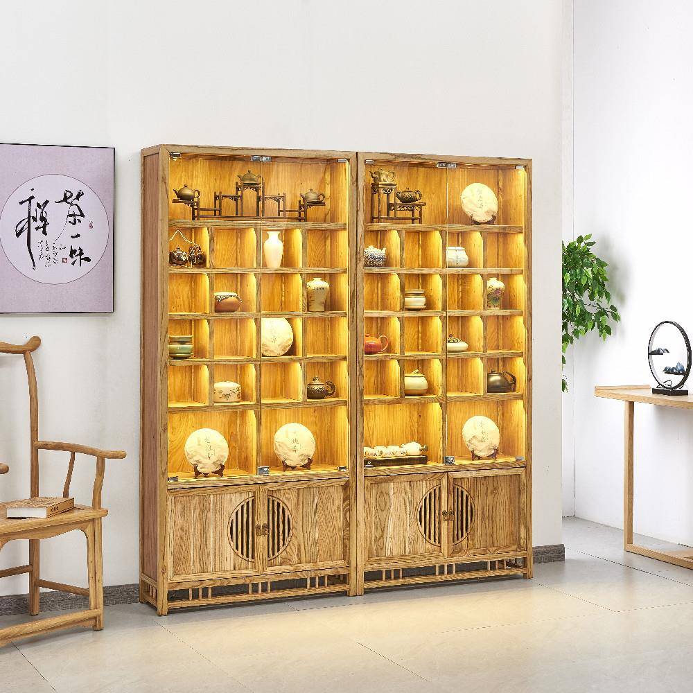 实木中式多宝阁格子架榆木玻璃柜展示柜茶具置物架紫砂壶架博古架