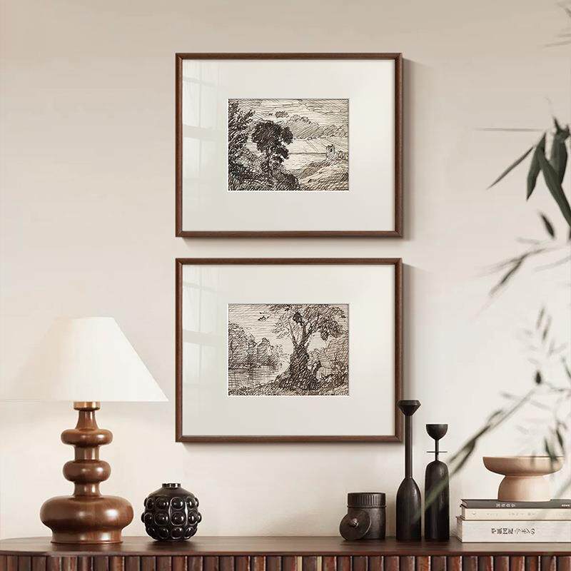 素描森林风景画》法式中古风小众艺术挂画北欧复古客厅玄关装饰画