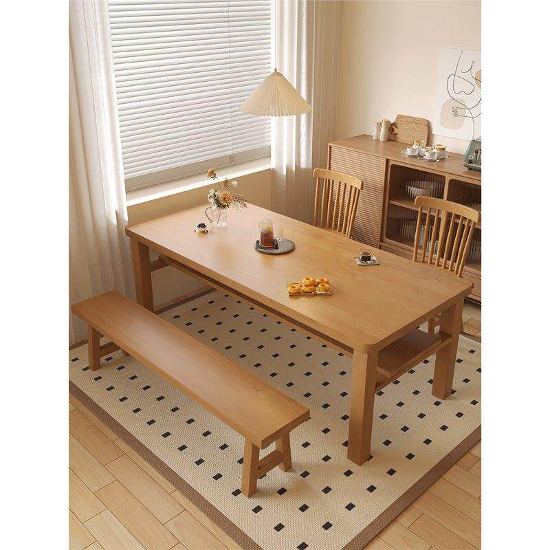 原木风纯实木餐桌长方形双层家用吃饭桌子书桌一体北欧现代长条桌