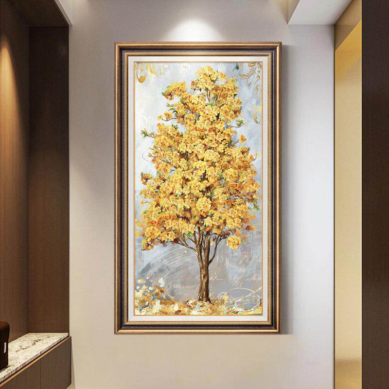 美式玄关装饰画发财树轻奢进门入户走廊壁画欧式竖版高档过道挂画