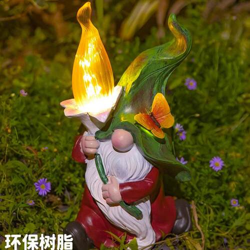 跨境太阳能树脂工艺品雕像灯户外庭院灯小矮人花园雕像装饰品摆件