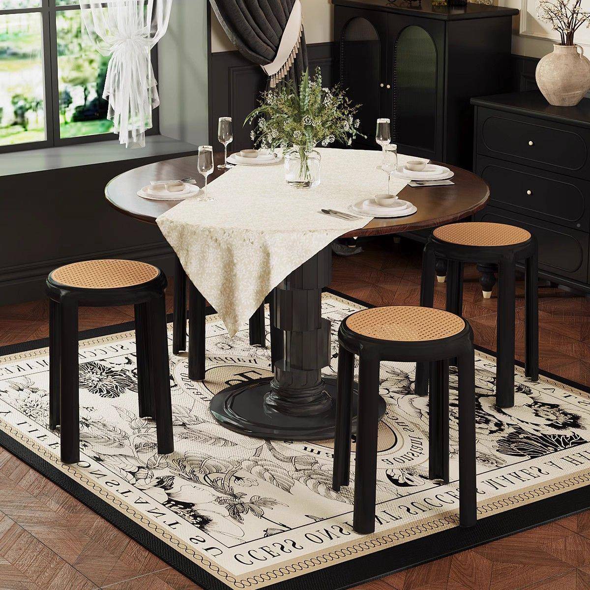 北欧料加厚藤编塑凳子家用妆餐凳约可叠放现代简al梳板凳换鞋小圆