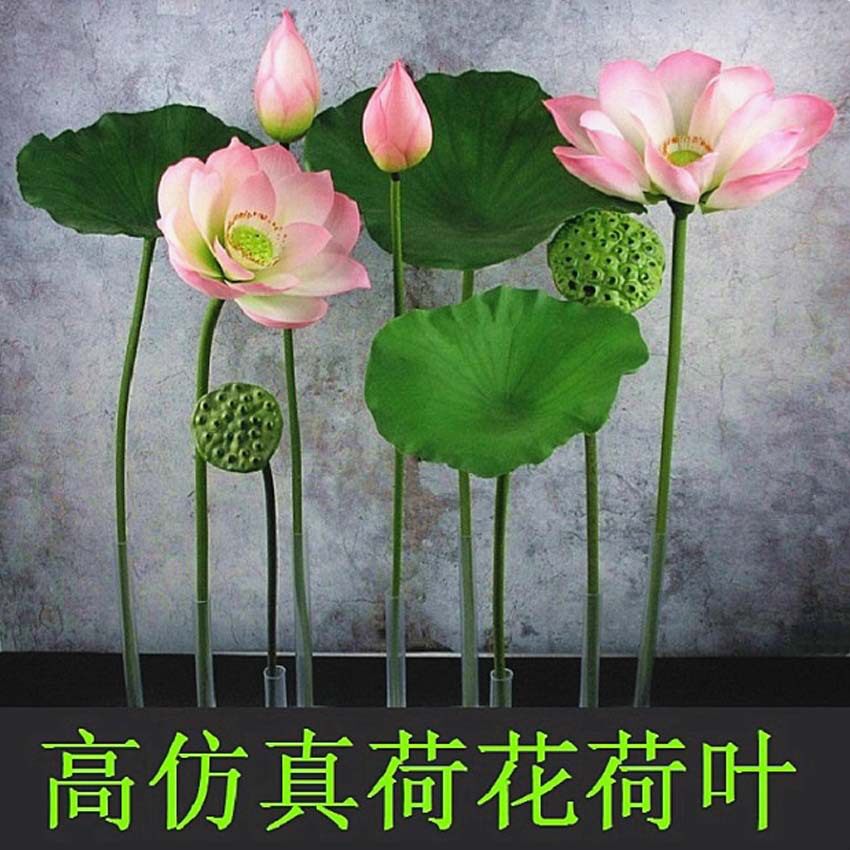 PU带杆仿真荷花花苞假荷叶水池装饰造景落地塑料客厅新款仿真花