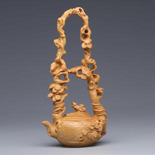 崖柏木雕东坡提梁壶中式摆件实木博古架茶壶家居客厅装饰工艺品