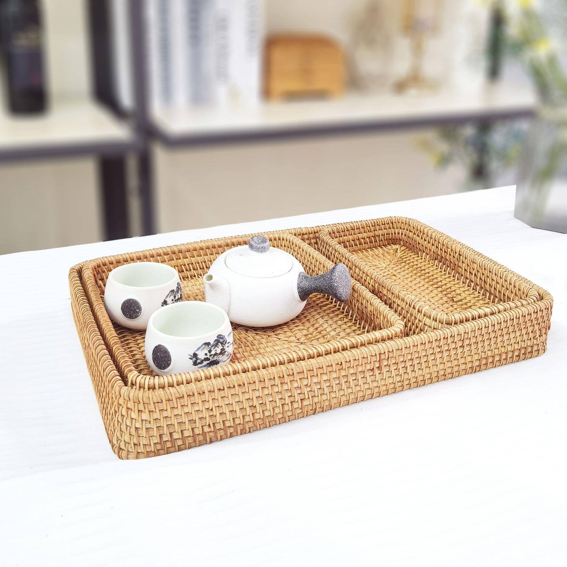 越南藤编日式托盘三件套收纳筐盒茶盘茶具点心盘杯托方形藤编托盘