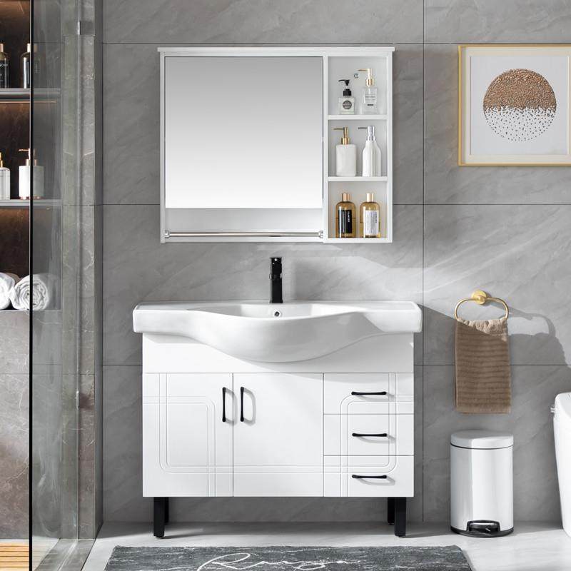 小户型浴室柜橡木镜柜组合大肚子一体陶瓷盆洗漱台面落地实木柜子