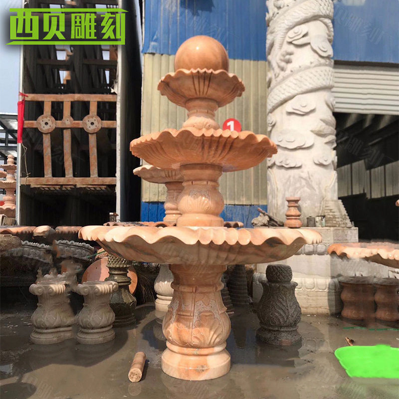 室内石雕三层水钵大理石水转球喷泉安装小型流水喷泉摆件水景