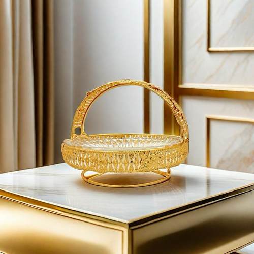 欧式金色高档手提果篮镂空镶钻圆型果篮透明玻璃拆卸手提果盘