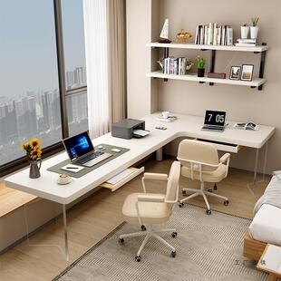 亚克力转角书桌悬浮白色奶油风实木电脑桌子l型7拐角双人长条桌