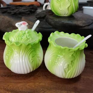 新款陶瓷猪油罐釉下彩调味罐带盖家用大容量盐罐辣椒油商用送勺