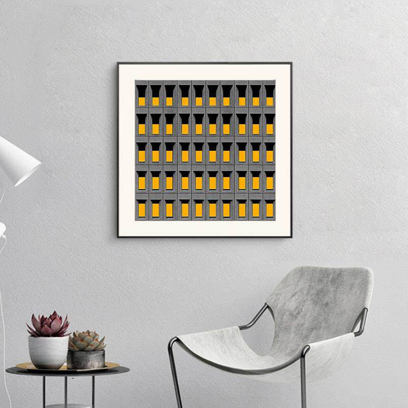 现代简约装饰画黄色建筑挂画书房客厅画正方形壁画灰色工业风画