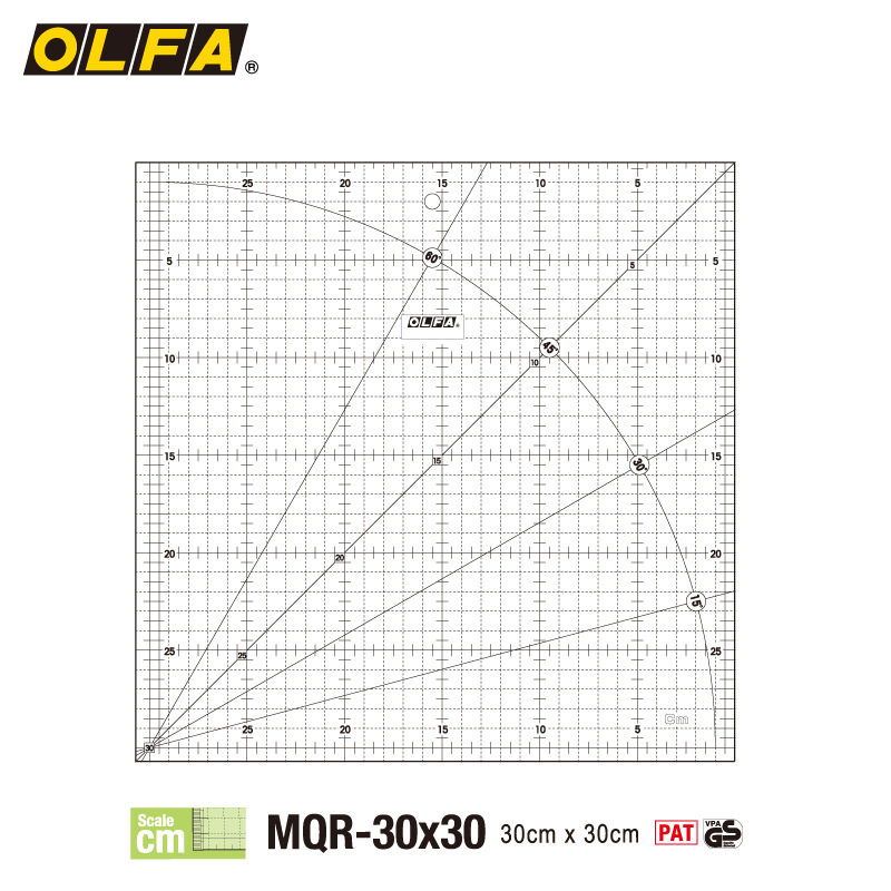 OLFA爱利华日本直尺亚克力尺滚刀配套方型尺标记裁剪尺MQR-30X30