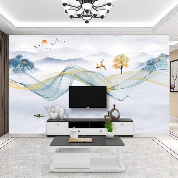 2024新款中式水墨山水壁画8d大气客厅流水生财电视背景墙纸3d壁纸,家装主材,无纺布墙纸,淘宝优惠券,粉丝福利购,淘宝优惠卷