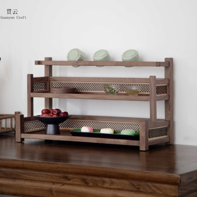 黑胡桃木双层壶架茶杯茶具茶桌收纳架新中式紫砂壶小置物架摆件架