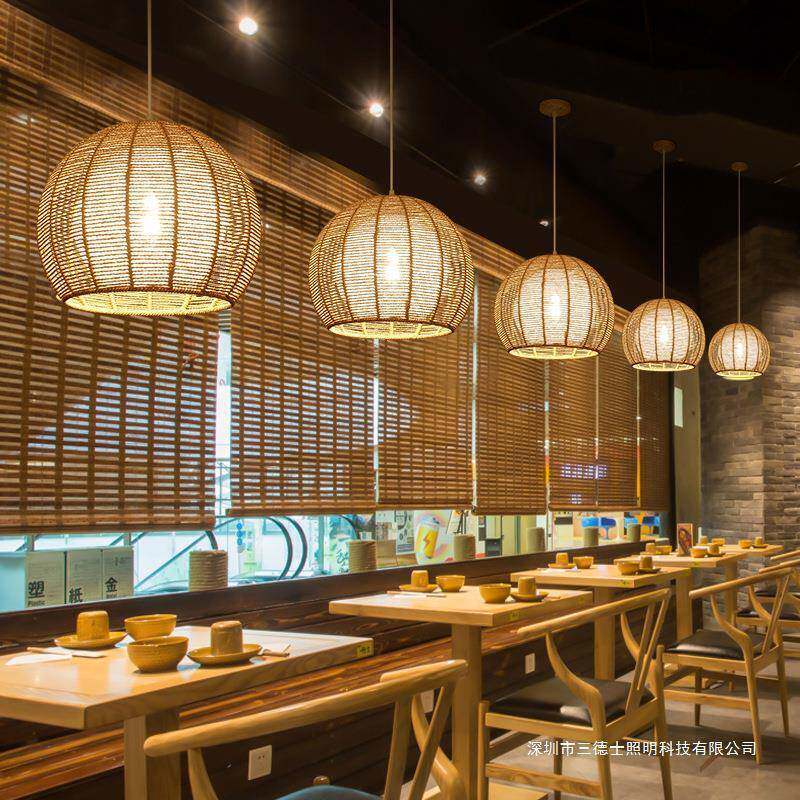 日系吊灯创意个性麻绳简约卧室客厅阳台餐厅日式圆形单头灯具实木