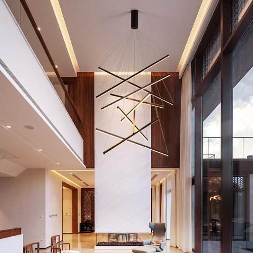 复式楼别墅楼梯间高层黑色大吊灯餐厅宽压loft客厅线条吊灯