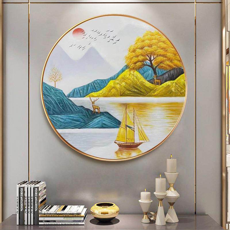 纯手绘油画圆形麋鹿风景装饰画客厅玄关壁画手工绘制成品圆框挂画