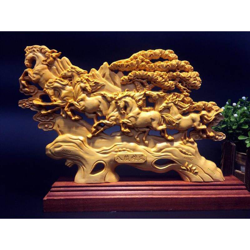 崖柏八马摆件木雕精雕工艺品双面雕八马雄风八骏图办公送礼佳选