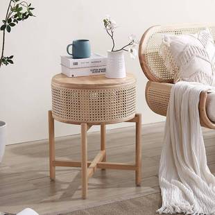 原木藤编小茶几北欧简约实木藤角几沙发边柜边几创意可储物小桌子