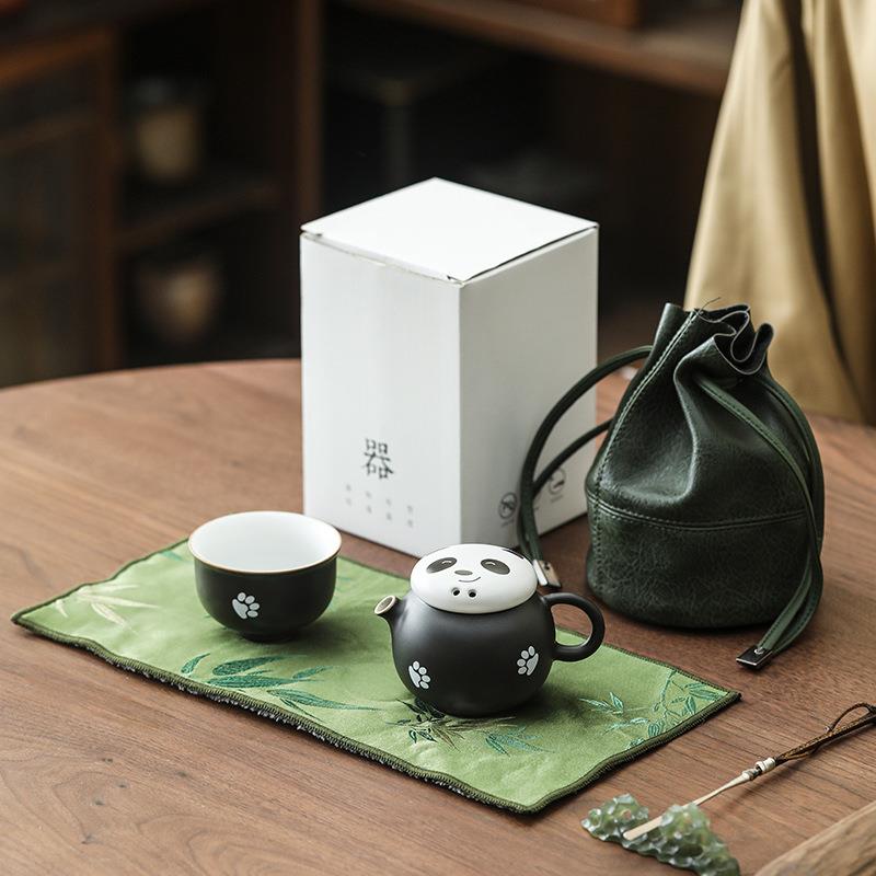 熊猫旅行茶具套装一壶二杯便携式户外快客茶具套装陶瓷创意泡杯壶