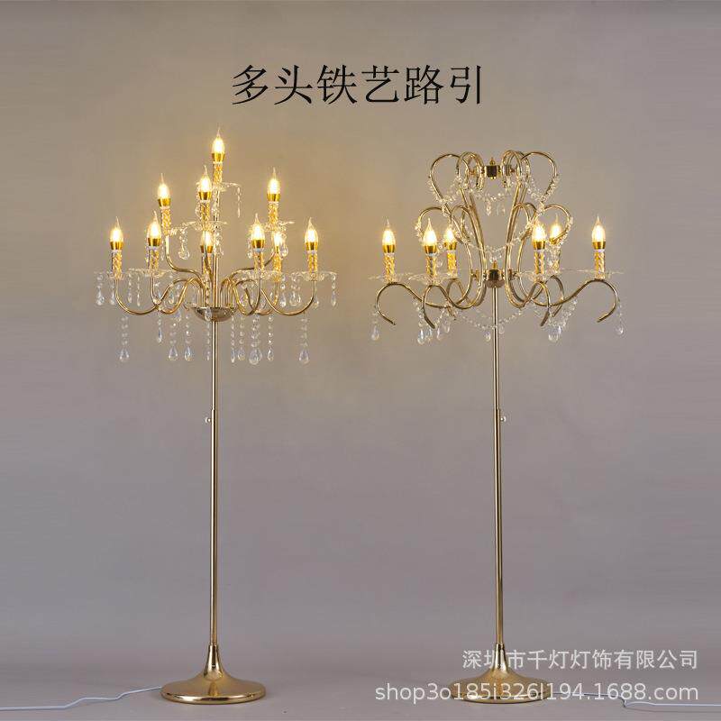 婚礼婚庆舞台布置道具铁艺电镀金色多头水晶路引立式T台装饰灯