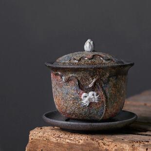日式手作24金岩矿盖碗茶杯柴烧三才碗单个泡茶碗复古粗陶茶具可养
