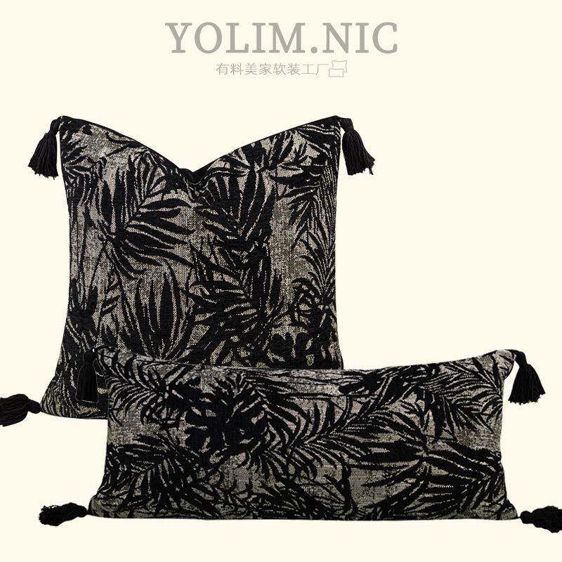法式中古轻奢抱枕客厅黑色叶片提花靠枕长腰枕酒店民宿软装靠枕