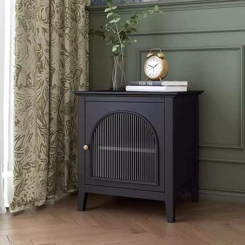 法式奶油风白蜡木实木床头柜小户型家用卧室玻璃门白色收纳储物柜