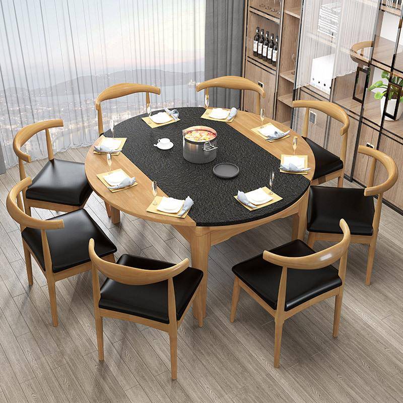 火烧石餐桌家用小户型全实木餐桌椅组合可伸缩折叠圆形火山石饭桌
