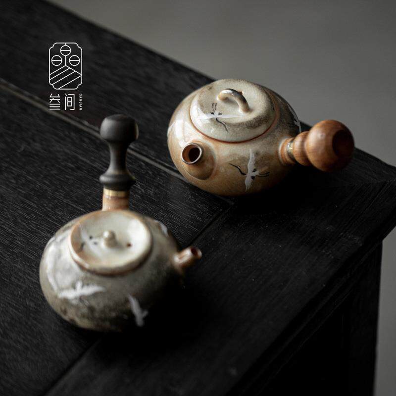 叁间柴烧窑变瑞鹤侧把壶家用迷你泡茶壶一人专用茶壶带过滤泡茶器