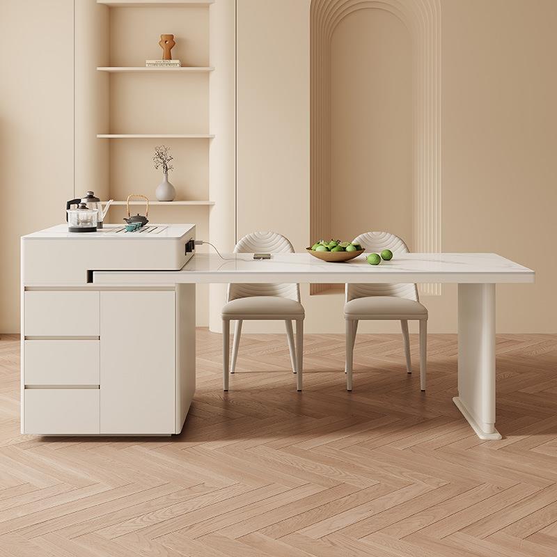 奶油风岩板岛台餐桌茶桌书桌一体两用家用办公室简约茶桌椅茶台