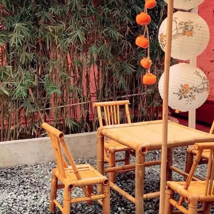XN竹桌子复古庭院茶桌火锅店餐桌围炉煮茶台子老式竹编餐桌商用竹