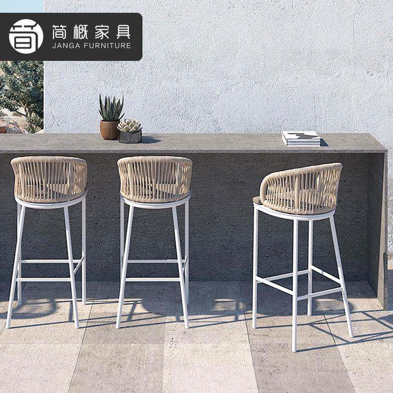 户外别墅花园藤编高脚凳露天庭院吧台桌椅酒店餐厅金属藤编靠背椅
