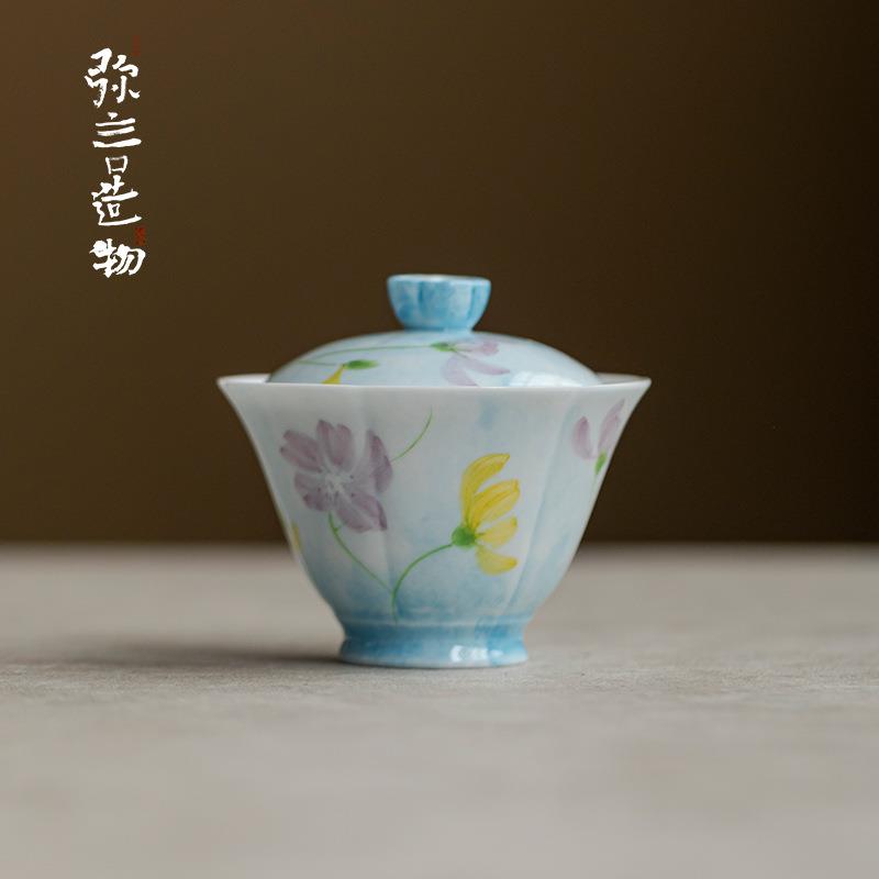 弥言白瓷手绘格桑花盖碗手工陶瓷花口泡茶壶单个不烫手茶艺泡茶碗