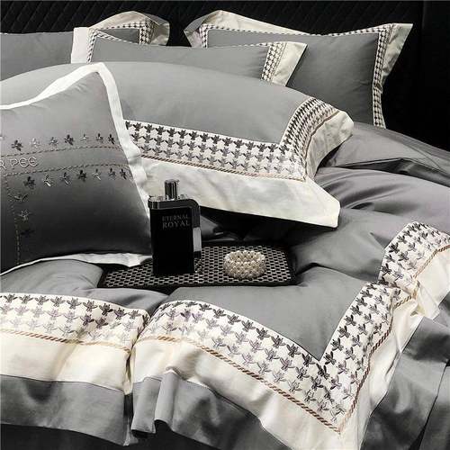 高档刺绣高S双股澳棉纯棉长绒棉四件套灰白拼接被套全棉床上用品